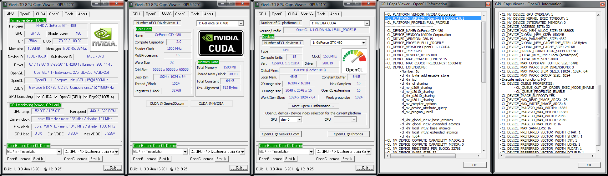Overview with GPU Caps Viewer. Open CL has been upgraded to 1.1 and CL_DEVICE_IMAGE2D_MAX_WIDTH and _HEIGHT have been changed.